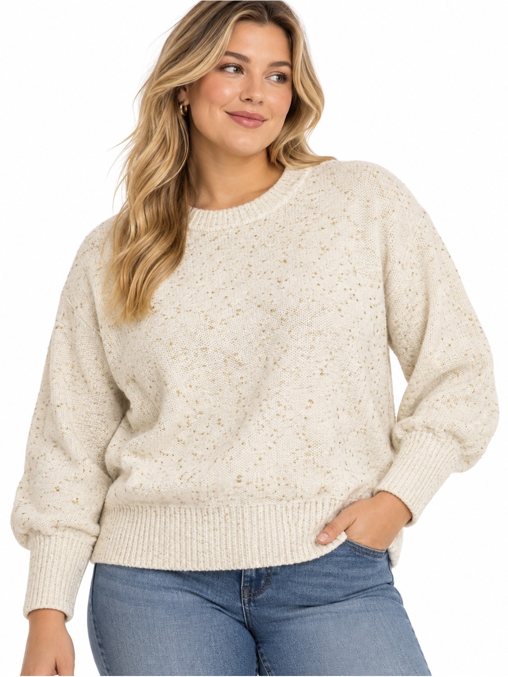 LC Lauren Conrad XXL Cream Gold Metallic Speckled Knit Sweater